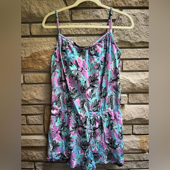 A Shore Fit! Swimsuit Romper Modest Swim Tropical Floral Blue Purple 16 - Picture 1 of 5